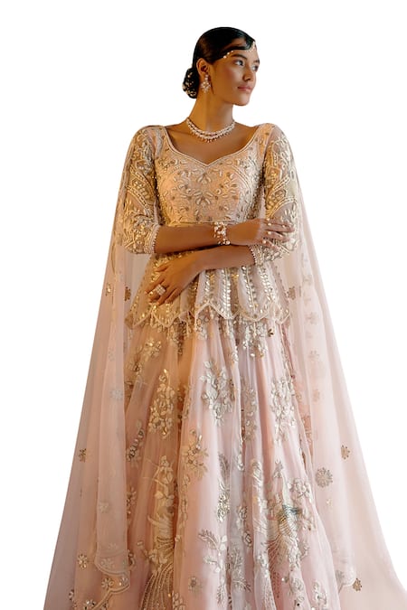Shashank Arya_Pink Organza, Tulle, Silk, Leather Applique Work Kalidar Kurta Lehenga Set _Online_at_Aza_Fashions