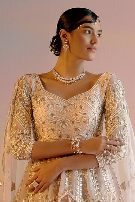 Buy_Shashank Arya_Pink Organza, Tulle, Silk, Leather Applique Work Kalidar Kurta Lehenga Set _Online_at_Aza_Fashions