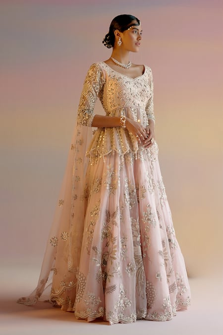 Shashank Arya_Pink Organza, Tulle, Silk, Leather Applique Work Kalidar Kurta Lehenga Set _at_Aza_Fashions