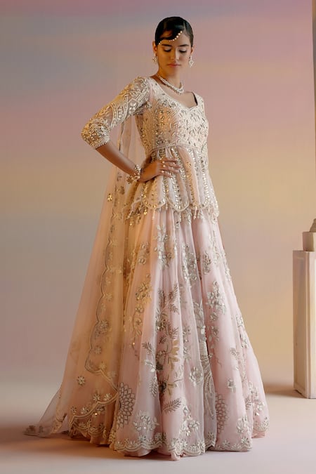 Buy_Shashank Arya_Pink Organza, Tulle, Silk, Leather Applique Work Kalidar Kurta Lehenga Set 