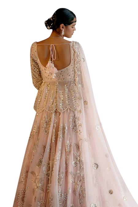 Shop_Shashank Arya_Pink Organza, Tulle, Silk, Leather Applique Work Kalidar Kurta Lehenga Set 