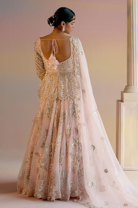 Shop_Shashank Arya_Pink Organza, Tulle, Silk, Leather Applique Work Kalidar Kurta Lehenga Set _at_Aza_Fashions