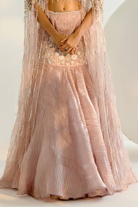 Shashank Arya_Pink Satin, Tulle Sequins, Pearls, Crystals Embellished Cape Lehenga Set _Online_at_Aza_Fashions