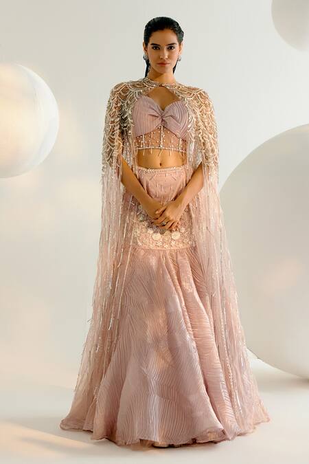Buy_Shashank Arya_Pink Satin, Tulle Sequins, Pearls, Crystals Embellished Cape Lehenga Set _Online_at_Aza_Fashions