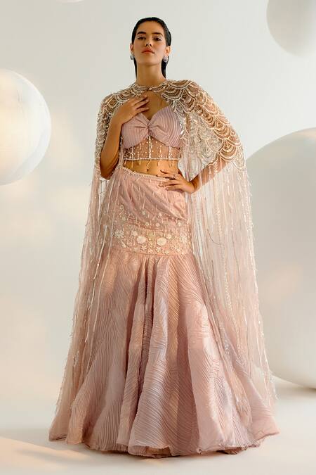 Shop_Shashank Arya_Pink Satin, Tulle Sequins, Pearls, Crystals Embellished Cape Lehenga Set _Online_at_Aza_Fashions