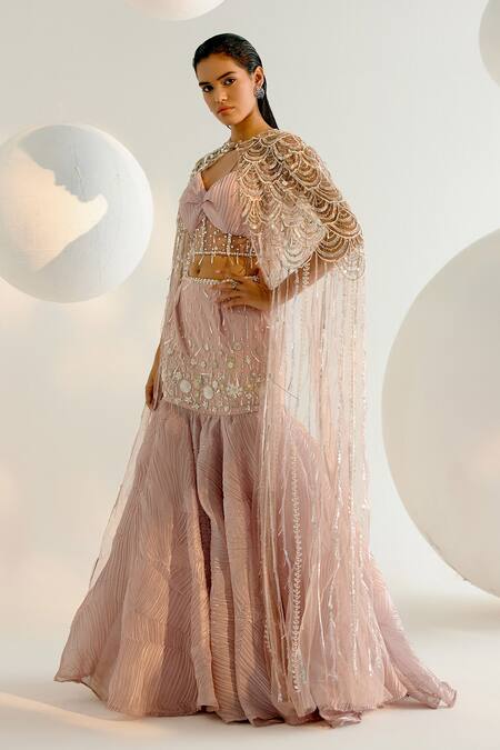 Shashank Arya_Pink Satin, Tulle Sequins, Pearls, Crystals Embellished Cape Lehenga Set _at_Aza_Fashions