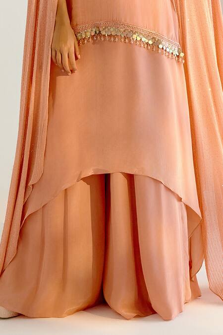 Buy_Shashank Arya_Beige Crepe, Georgette, Linen Cut Neckline Embellished Kurta And Flared Pant Set _Online_at_Aza_Fashions