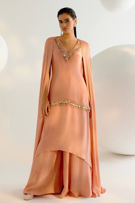 Shop_Shashank Arya_Beige Crepe, Georgette, Linen Cut Neckline Embellished Kurta And Flared Pant Set _Online_at_Aza_Fashions