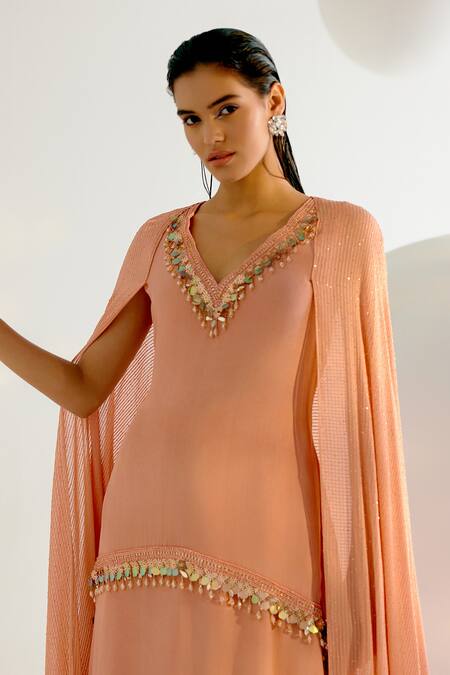 Shashank Arya_Beige Crepe, Georgette, Linen Cut Neckline Embellished Kurta And Flared Pant Set _at_Aza_Fashions