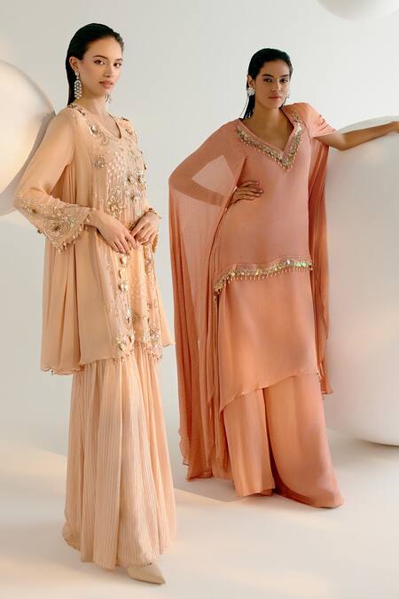 Buy_Shashank Arya_Beige Crepe, Georgette, Linen Cut Neckline Embellished Kurta And Flared Pant Set 