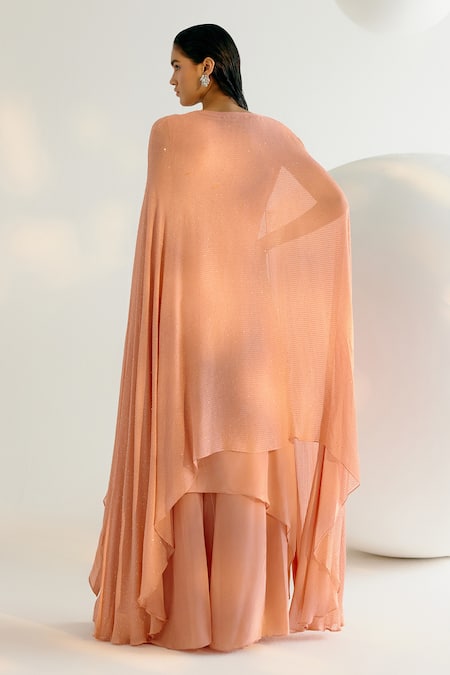 Shop_Shashank Arya_Beige Crepe, Georgette, Linen Cut Neckline Embellished Kurta And Flared Pant Set _at_Aza_Fashions