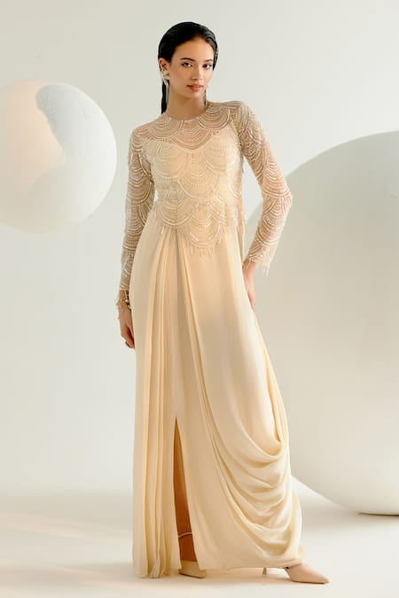 SHASHANK ARYA Scallop Embroidered Draped Gown 