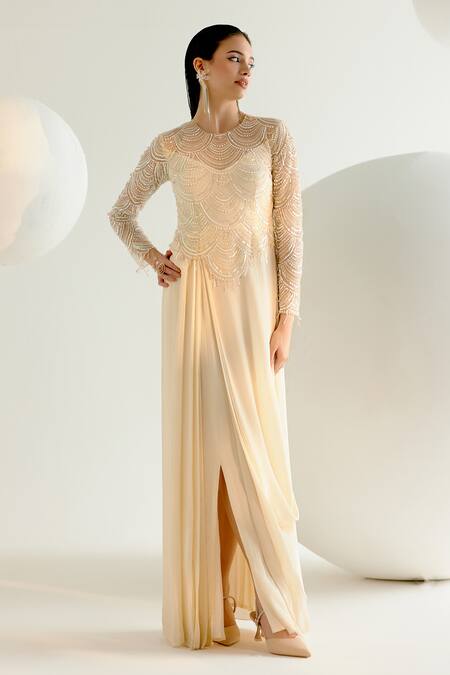 Shashank Arya_Ivory Tulle, Crepe, Linen Pearls, Crystals Round Scallop Embroidered Draped Gown _Online_at_Aza_Fashions