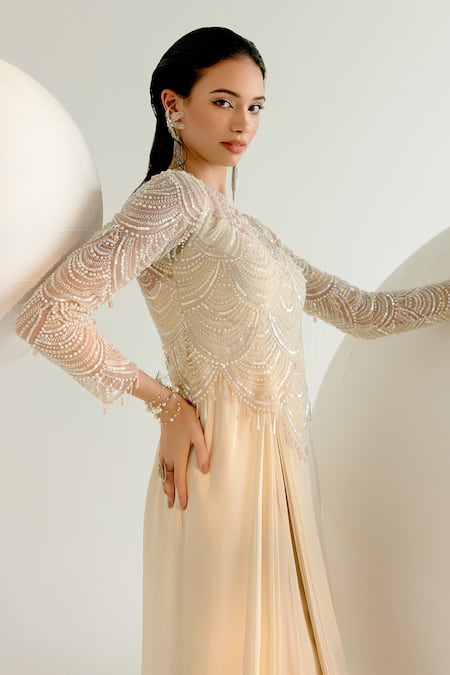 Buy_Shashank Arya_Ivory Tulle, Crepe, Linen Pearls, Crystals Round Scallop Embroidered Draped Gown _Online_at_Aza_Fashions