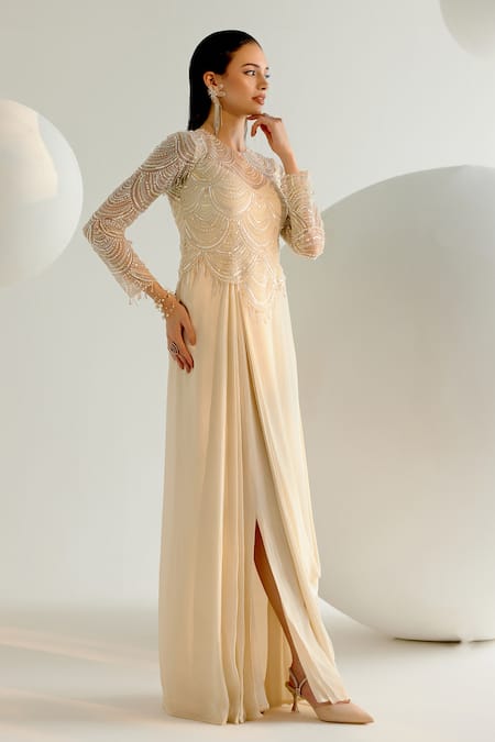Shop_Shashank Arya_Ivory Tulle, Crepe, Linen Pearls, Crystals Round Scallop Embroidered Draped Gown _Online_at_Aza_Fashions