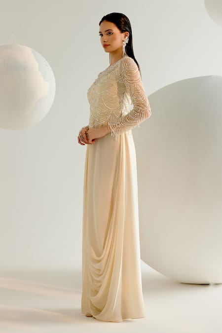 Shashank Arya_Ivory Tulle, Crepe, Linen Pearls, Crystals Round Scallop Embroidered Draped Gown _at_Aza_Fashions