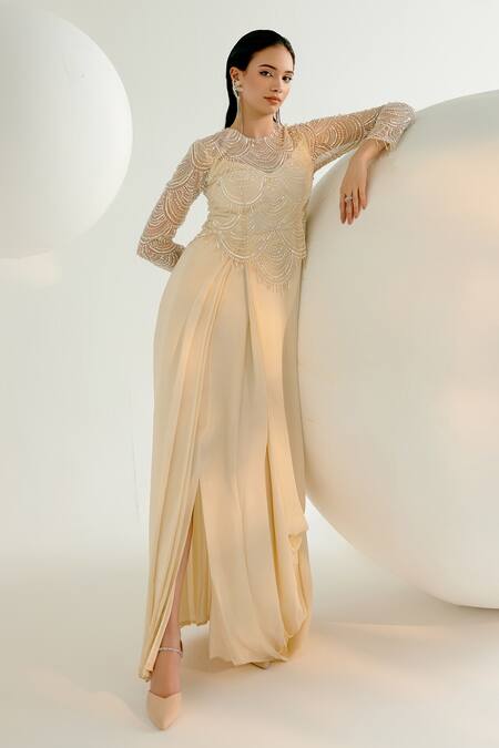 Buy_Shashank Arya_Ivory Tulle, Crepe, Linen Pearls, Crystals Round Scallop Embroidered Draped Gown 