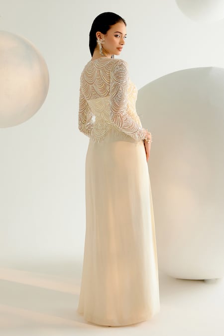 Shop_Shashank Arya_Ivory Tulle, Crepe, Linen Pearls, Crystals Round Scallop Embroidered Draped Gown _at_Aza_Fashions