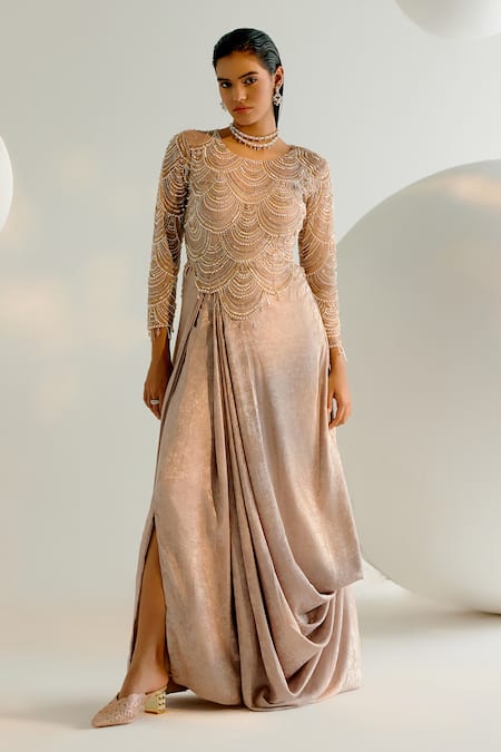 SHASHANK ARYA Pearl Embroidered Draped Gown 