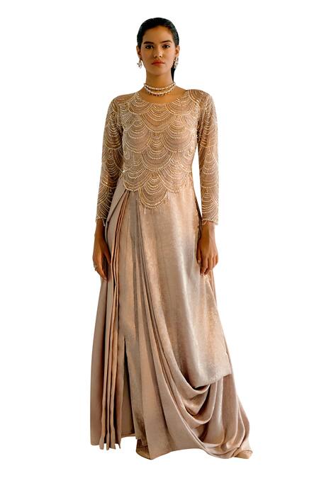 Shashank Arya_Beige Tulle, Crepe, Linen Pearls, Crystals, Sequins Embroidered Draped Gown _Online_at_Aza_Fashions