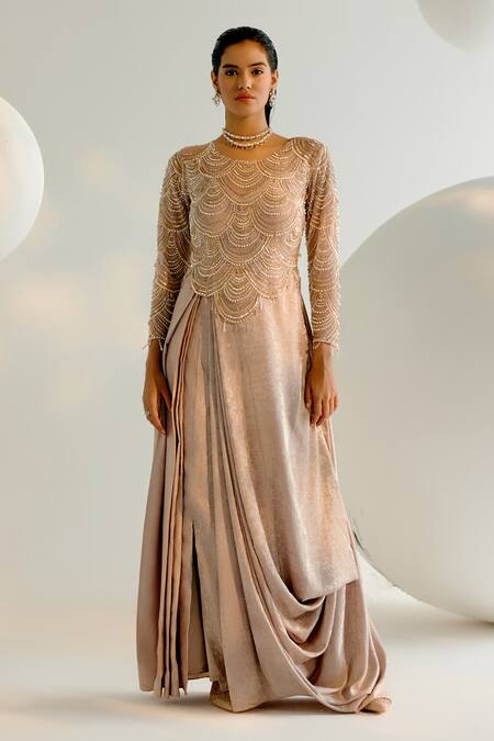 Buy_Shashank Arya_Beige Tulle, Crepe, Linen Pearls, Crystals, Sequins Embroidered Draped Gown _Online_at_Aza_Fashions