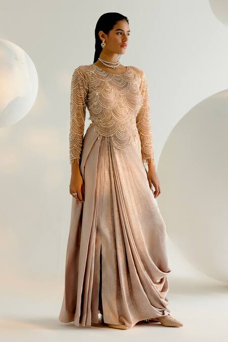 Shop_Shashank Arya_Beige Tulle, Crepe, Linen Pearls, Crystals, Sequins Embroidered Draped Gown _Online_at_Aza_Fashions