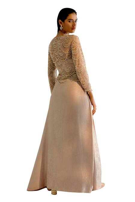Shashank Arya_Beige Tulle, Crepe, Linen Pearls, Crystals, Sequins Embroidered Draped Gown _at_Aza_Fashions