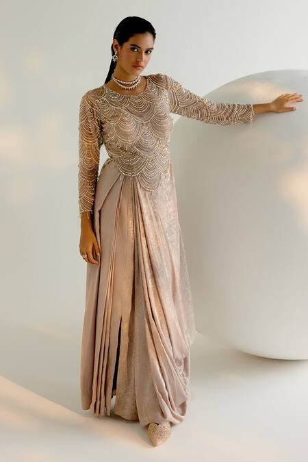 Shop_Shashank Arya_Beige Tulle, Crepe, Linen Pearls, Crystals, Sequins Embroidered Draped Gown 