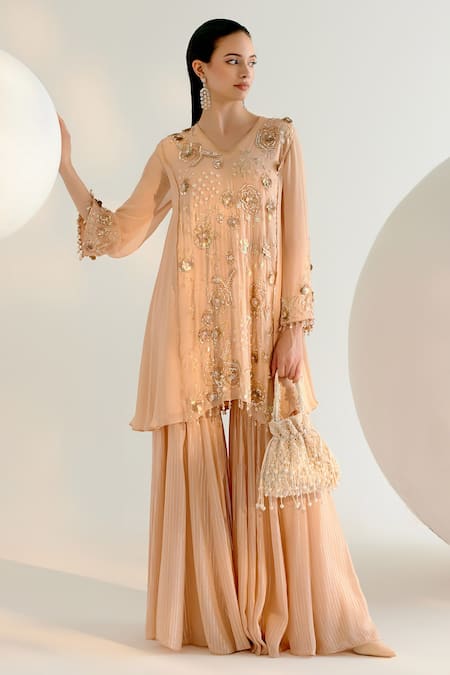 Shashank Arya Beige Georgette, Crepe Cut Work, Pearls, Sequins Embroidered Kurta And Sharara Set Online at Aza Fashions Shashank Arya_Beige Georgette, Crepe Cut Work, Pearls, Sequins Embroidered Kurta And Sharara Set _Online_at_Aza_Fashions