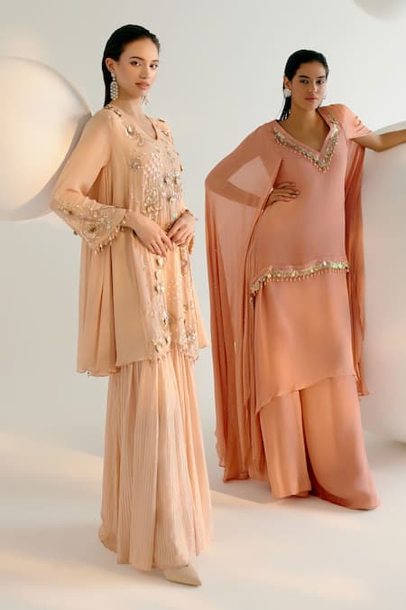 Buy Shashank Arya Beige Georgette, Crepe Cut Work, Pearls, Sequins Embroidered Kurta And Sharara Set Buy_Shashank Arya_Beige Georgette, Crepe Cut Work, Pearls, Sequins Embroidered Kurta And Sharara Set