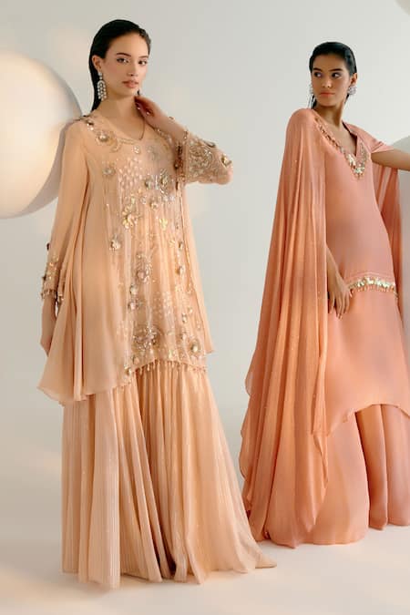 Shop Shashank Arya Beige Georgette, Crepe Cut Work, Pearls, Sequins Embroidered Kurta And Sharara Set Shop_Shashank Arya_Beige Georgette, Crepe Cut Work, Pearls, Sequins Embroidered Kurta And Sharara Set