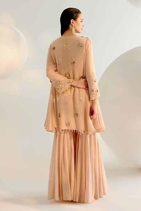 Shop Shashank Arya Beige Georgette, Crepe Cut Work, Pearls, Sequins Embroidered Kurta And Sharara Set at Aza Fashions Shop_Shashank Arya_Beige Georgette, Crepe Cut Work, Pearls, Sequins Embroidered Kurta And Sharara Set _at_Aza_Fashions