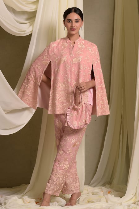 Tasuvure Indes Pink Georgette Embroidered Gara Collared Reyna Cape Jacket With Pant 