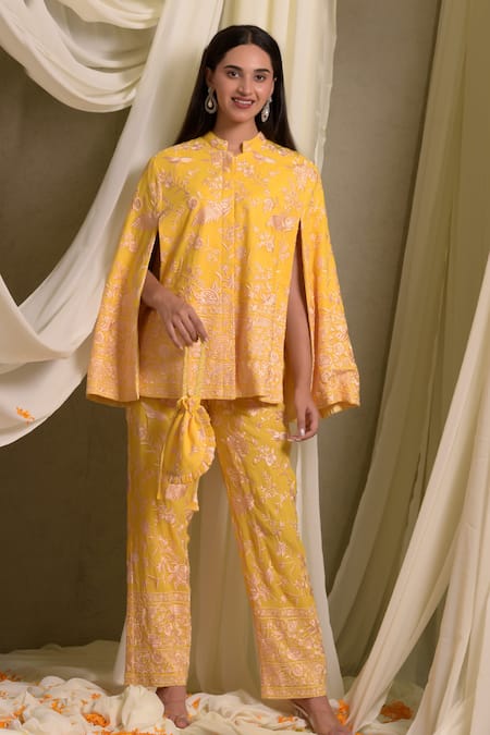 Tasuvure Indes Yellow Georgette Embroidered Gara Collared Reyna Floral Cape Jacket With Pant 