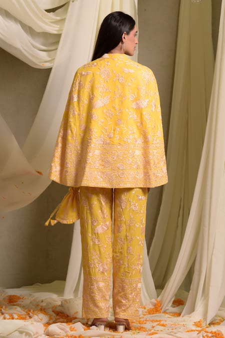 Shop_Tasuvure Indes_Yellow Georgette Embroidery Collared Reyna Floral Cape Jacket With Pant _at_Aza_Fashions