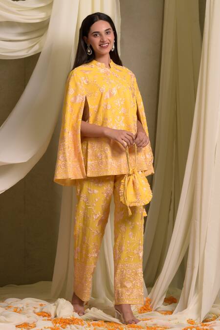 Shop_Tasuvure Indes_Yellow Georgette Embroidery Collared Reyna Floral Cape Jacket With Pant _Online_at_Aza_Fashions