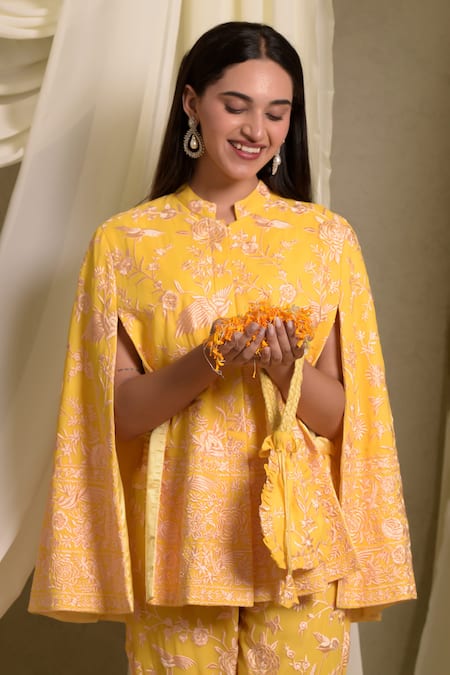 Tasuvure Indes_Yellow Georgette Embroidery Collared Reyna Floral Cape Jacket With Pant _at_Aza_Fashions