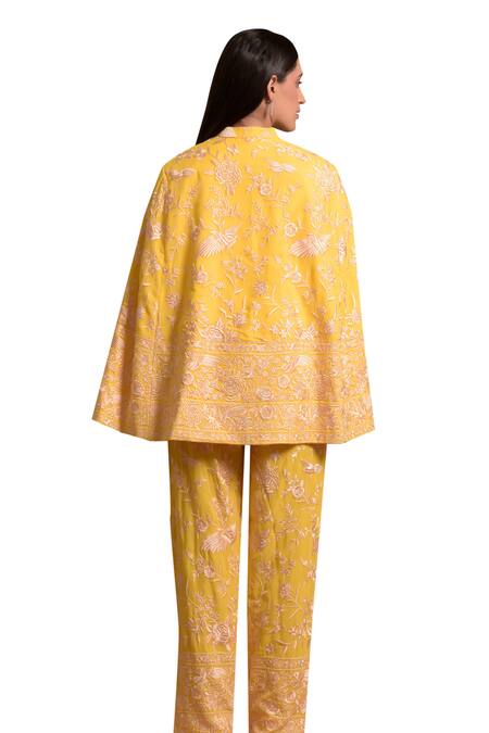 Buy Tasuvure Indes Yellow Georgette Embroidery Collared Reyna Floral Cape Jacket With Pant Buy_Tasuvure Indes_Yellow Georgette Embroidery Collared Reyna Floral Cape Jacket With Pant
