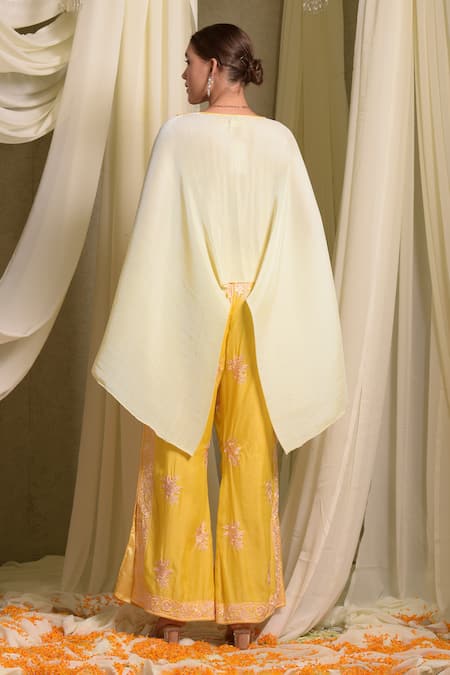 Shop_Tasuvure Indes_Yellow Silk, Georgette Embroidery Reyna Asymmetric Cape Top With Pant _at_Aza_Fashions