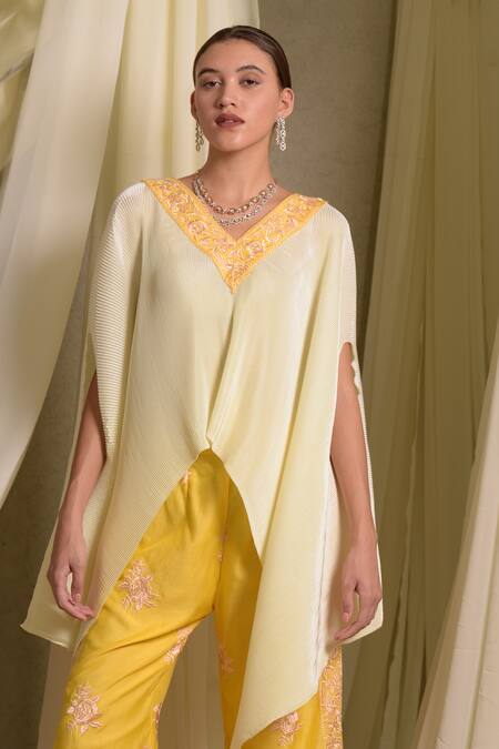Tasuvure Indes_Yellow Silk, Georgette Embroidery Reyna Asymmetric Cape Top With Pant _Online_at_Aza_Fashions