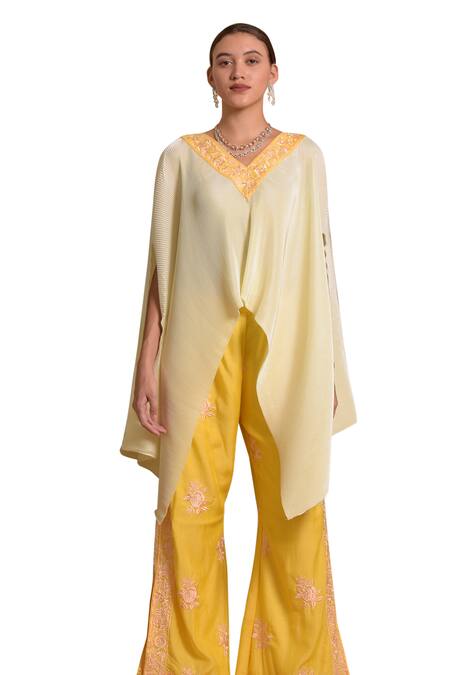 Shop Tasuvure Indes Yellow Silk, Georgette Embroidery Reyna Asymmetric Cape Top With Pant Online at Aza Fashions Shop_Tasuvure Indes_Yellow Silk, Georgette Embroidery Reyna Asymmetric Cape Top With Pant _Online_at_Aza_Fashions