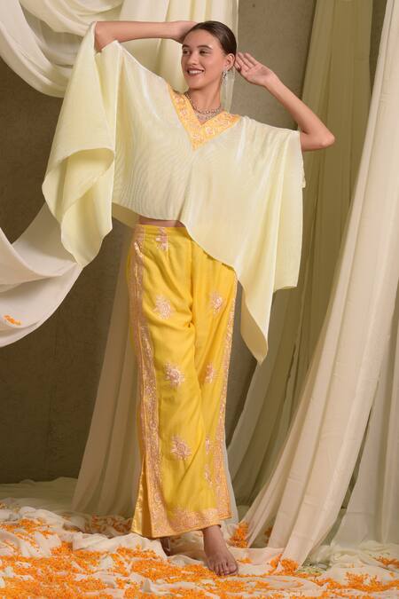 Tasuvure Indes_Yellow Silk, Georgette Embroidery Reyna Asymmetric Cape Top With Pant _at_Aza_Fashions