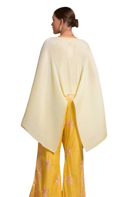 Buy Tasuvure Indes Yellow Silk, Georgette Embroidery Reyna Asymmetric Cape Top With Pant Buy_Tasuvure Indes_Yellow Silk, Georgette Embroidery Reyna Asymmetric Cape Top With Pant