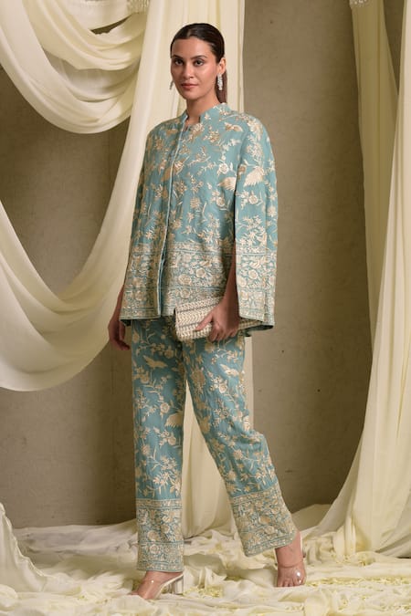 Shop_Tasuvure Indes_Blue Georgette Embroidery Reyna Gara Cape Jacket And Pant Set_Online_at_Aza_Fashions