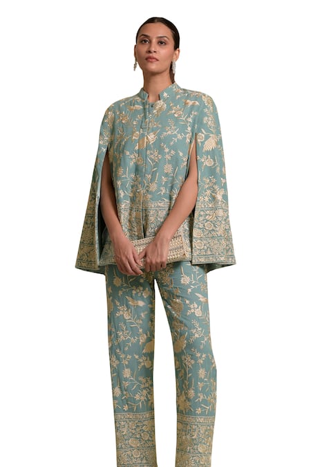Tasuvure Indes_Blue Georgette Embroidery Reyna Gara Cape Jacket And Pant Set_at_Aza_Fashions