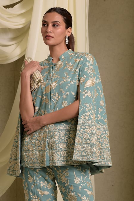 Shop_Tasuvure Indes_Blue Georgette Embroidery Reyna Gara Cape Jacket And Pant Set