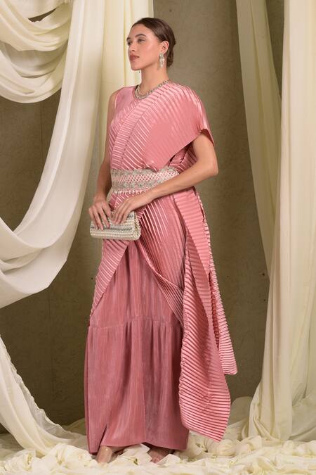 Buy_Tasuvure Indes_Pink Polyester Round Neck Pleated Designer Saree Gown _Online_at_Aza_Fashions