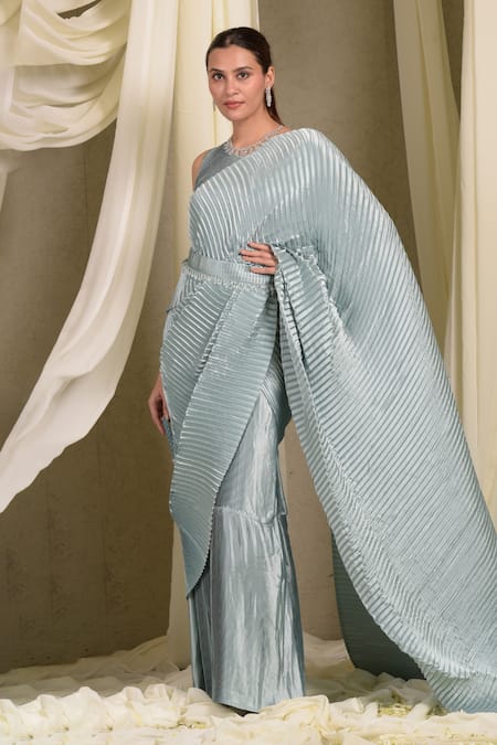 Buy_Tasuvure Indes_Blue Polyester Accordion Pleat Attached Drape Saree Gown _Online_at_Aza_Fashions