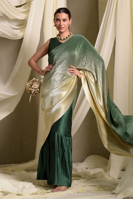 Tasuvure Indes Green Pleated Polyester Round Emerald Ombre Accordion Saree Gown 