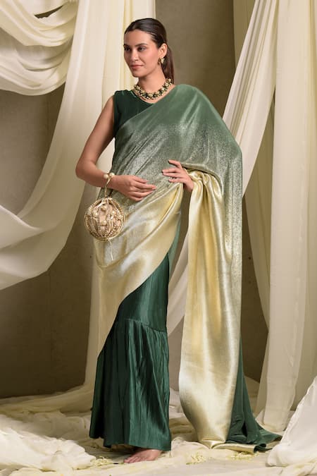 Tasuvure Indes Emerald Ombre Accordion Pleat Saree Gown 